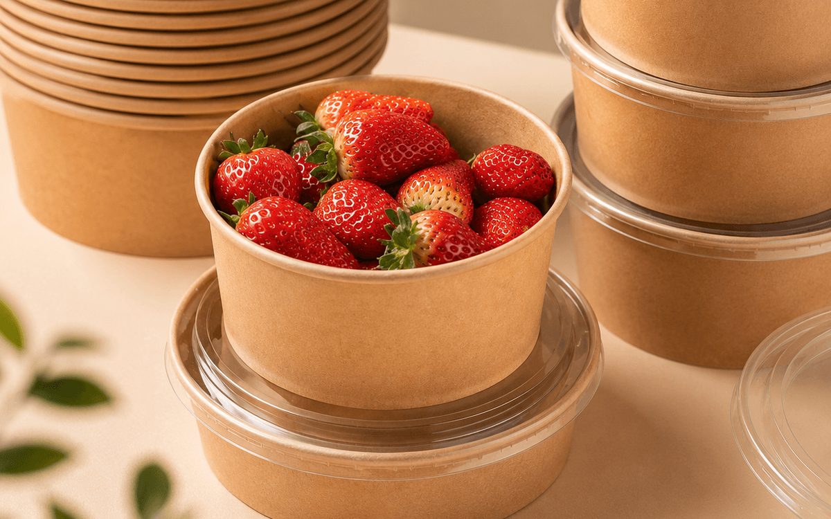 Kraft paper food bowls with clear lids, stacked, one filled with strawberries.