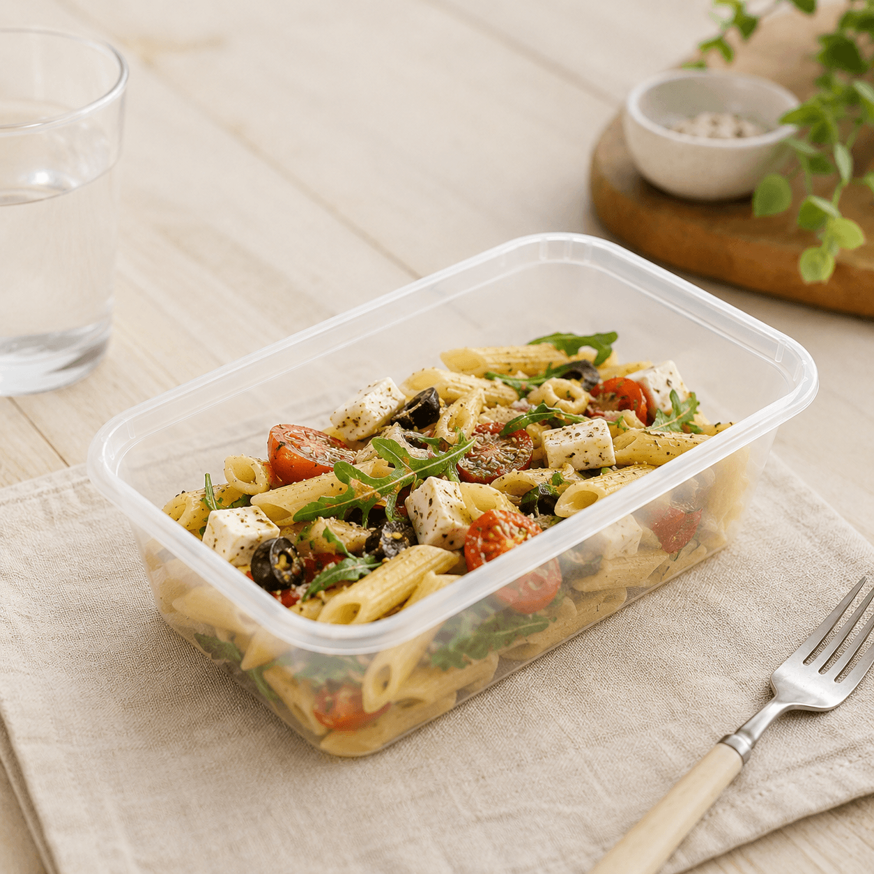 1000ml clear plastic food container filled with pasta salad