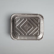 Top view of a rectangular 6A aluminium foil food container with raised edges and embossed base, suitable for takeaway and catering use.