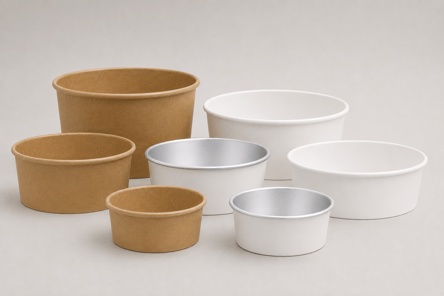 Six round bowls in assorted sizes, including two kraft paper bowls, two white bowls, and two silver metal bowls, arranged on a light gray background.