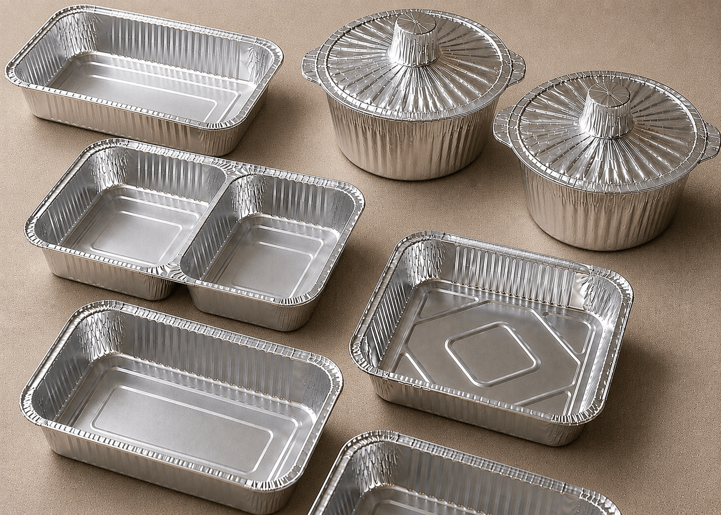 Box2Pack range of aluminium takeaway food containers, including rectangular trays, compartment containers and round foil pots with lids.