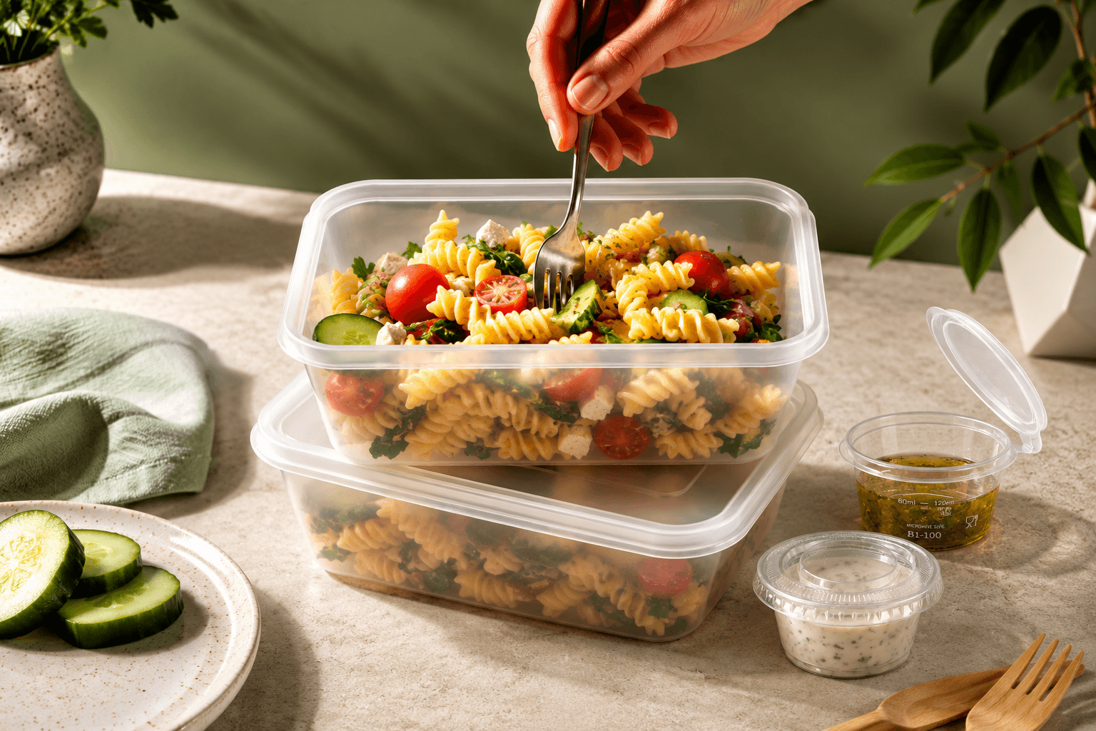 Box2Pack clear plastic takeaway food containers with lids, filled with pasta salad alongside small sauce pots.