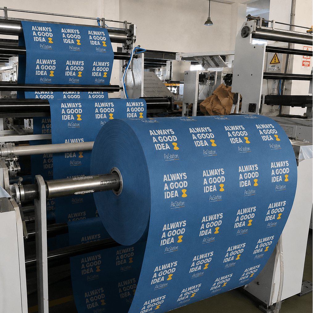Custom printed food packaging being produced on industrial machinery, showing branded blue paper rolls during the manufacturing process.