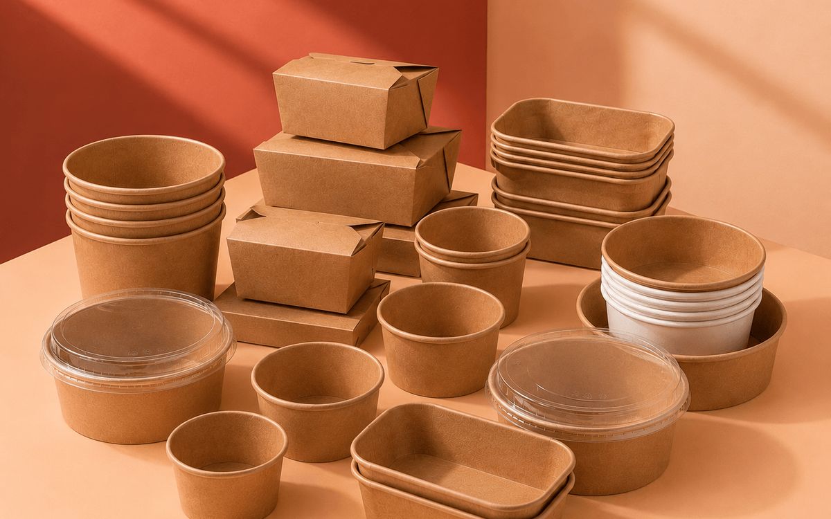 Box2Pack kraft food containers arranged with lids.