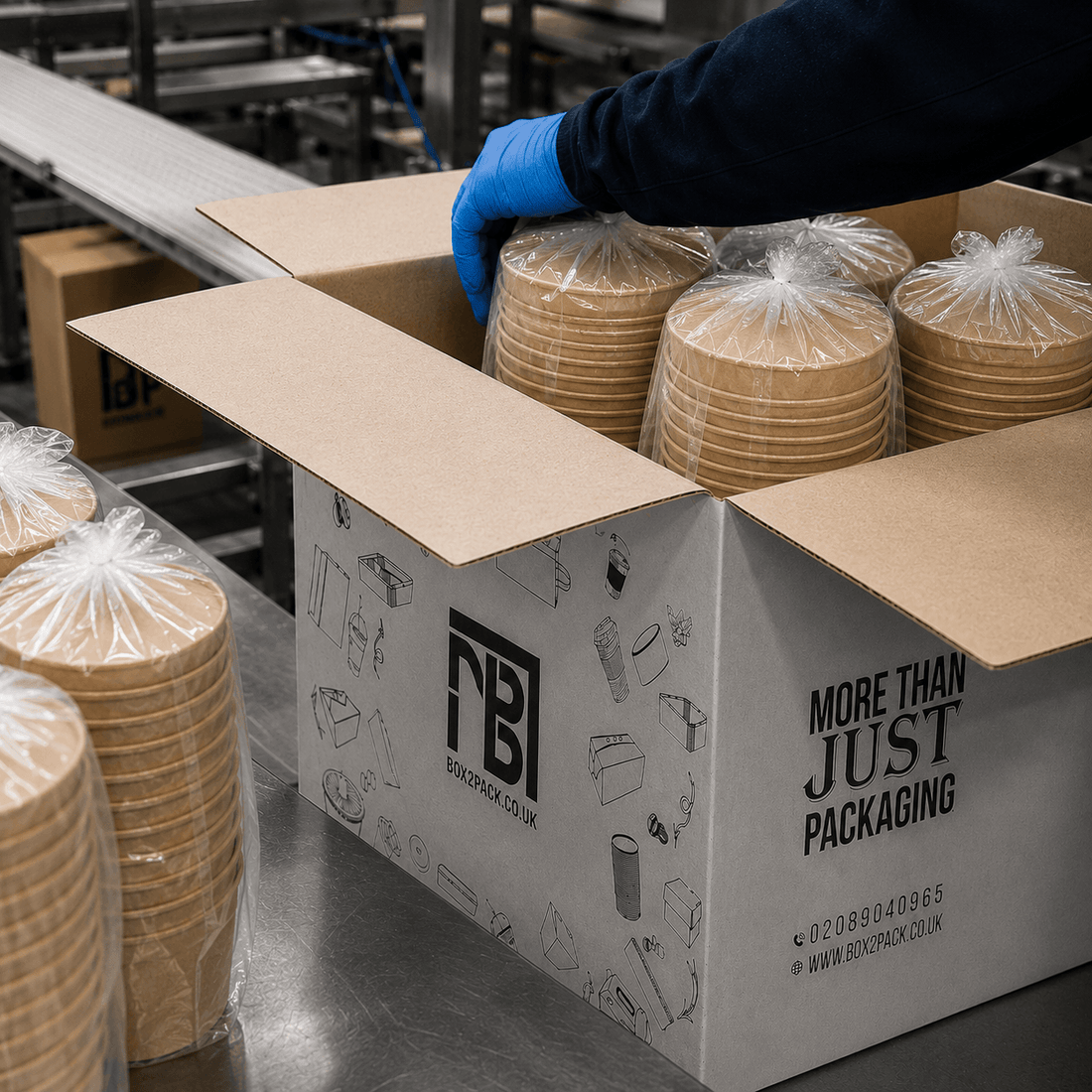 Box2Pack food packaging being packed for dispatch, with kraft containers prepared inside a branded delivery box.