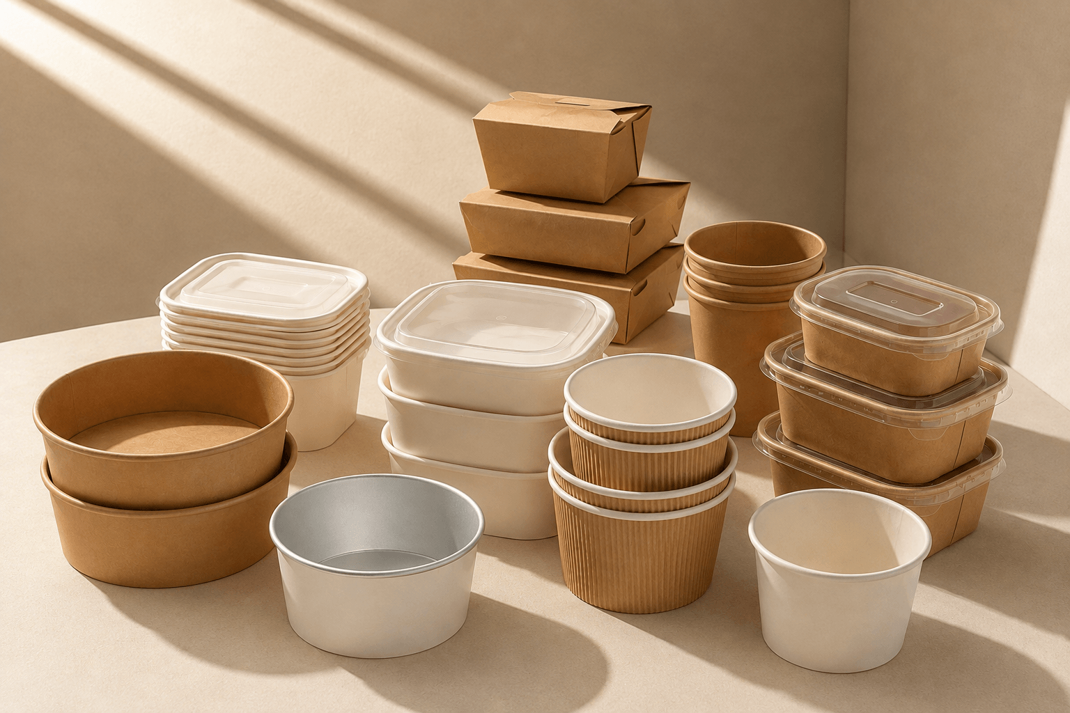 Box2Pack range of kraft and white takeaway food packaging, including bowls, rectangular containers, deli boxes and ripple cups.