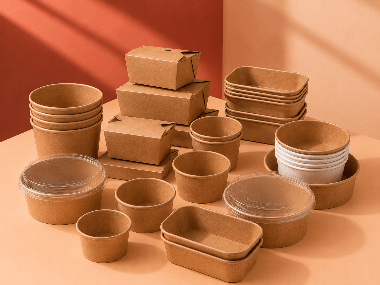 Box2Pack packaging essentials featuring a range of kraft takeaway boxes, bowls and food containers for restaurants and catering businesses.