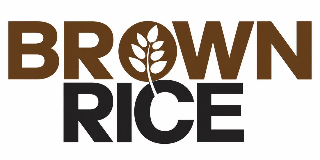 Brown Rice logo featuring bold brown and black typography with a wheat grain illustration.