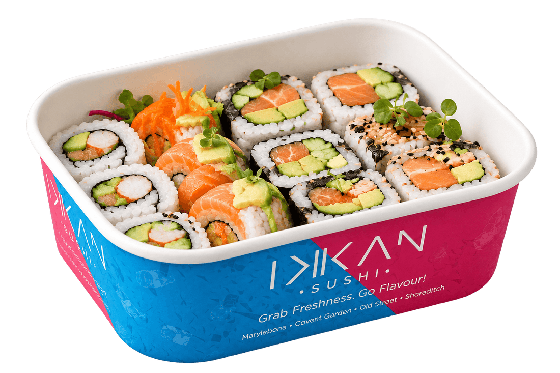 Custom printed rectangular takeaway food container filled with fresh sushi rolls