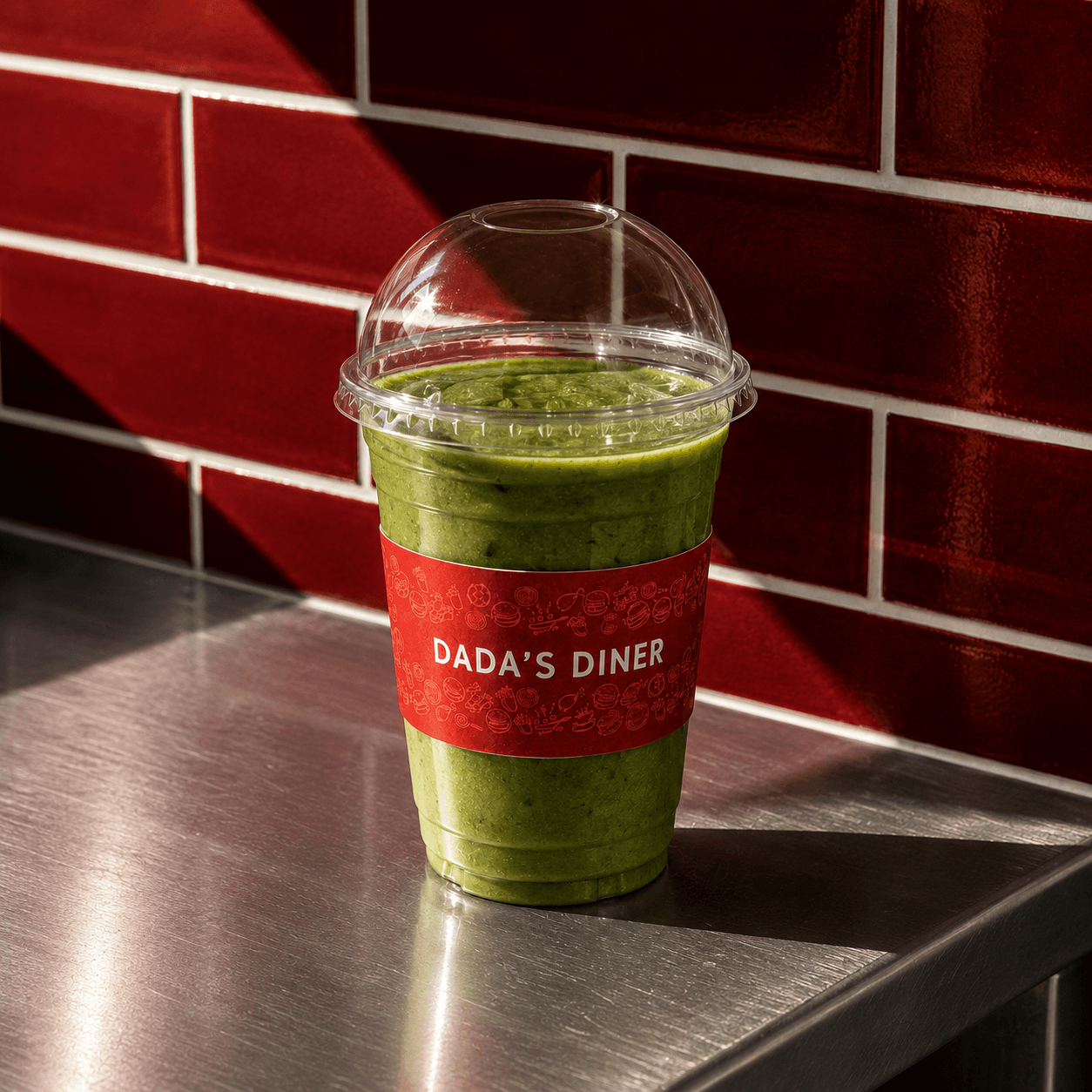 Dada’s Diner branded clear takeaway cup with dome lid, filled with a fresh green smoothie.