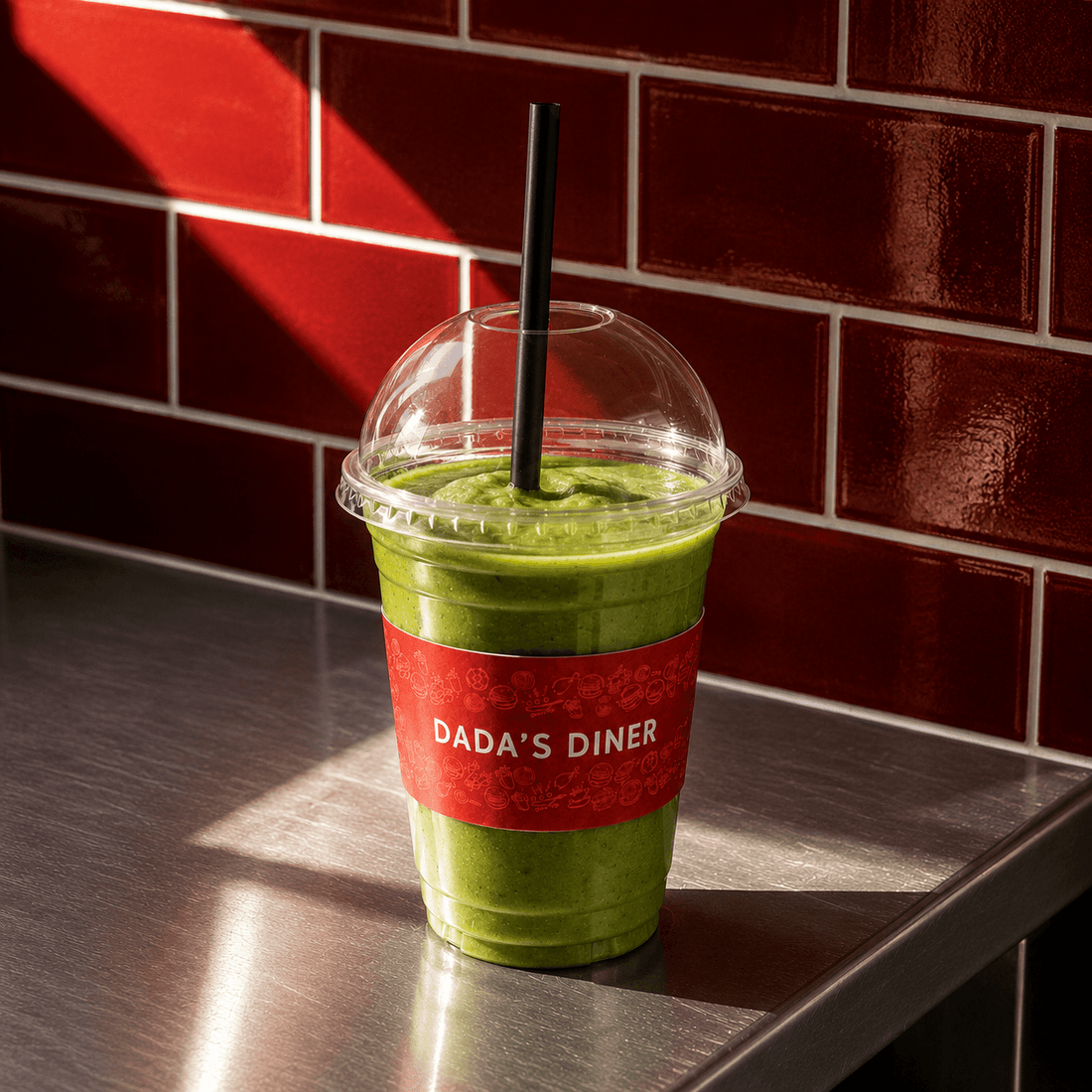 Dada’s Diner branded clear takeaway cup with dome lid and straw, filled with a fresh green smoothie.