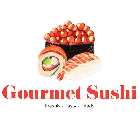 Gourmet Sushi logo featuring illustrated sushi rolls and nigiri with the tagline “Freshly - Tasty - Ready”