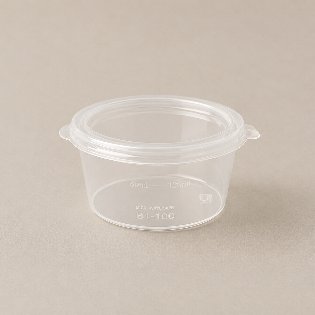 Hinged round sauce containers, 1oz and 2oz