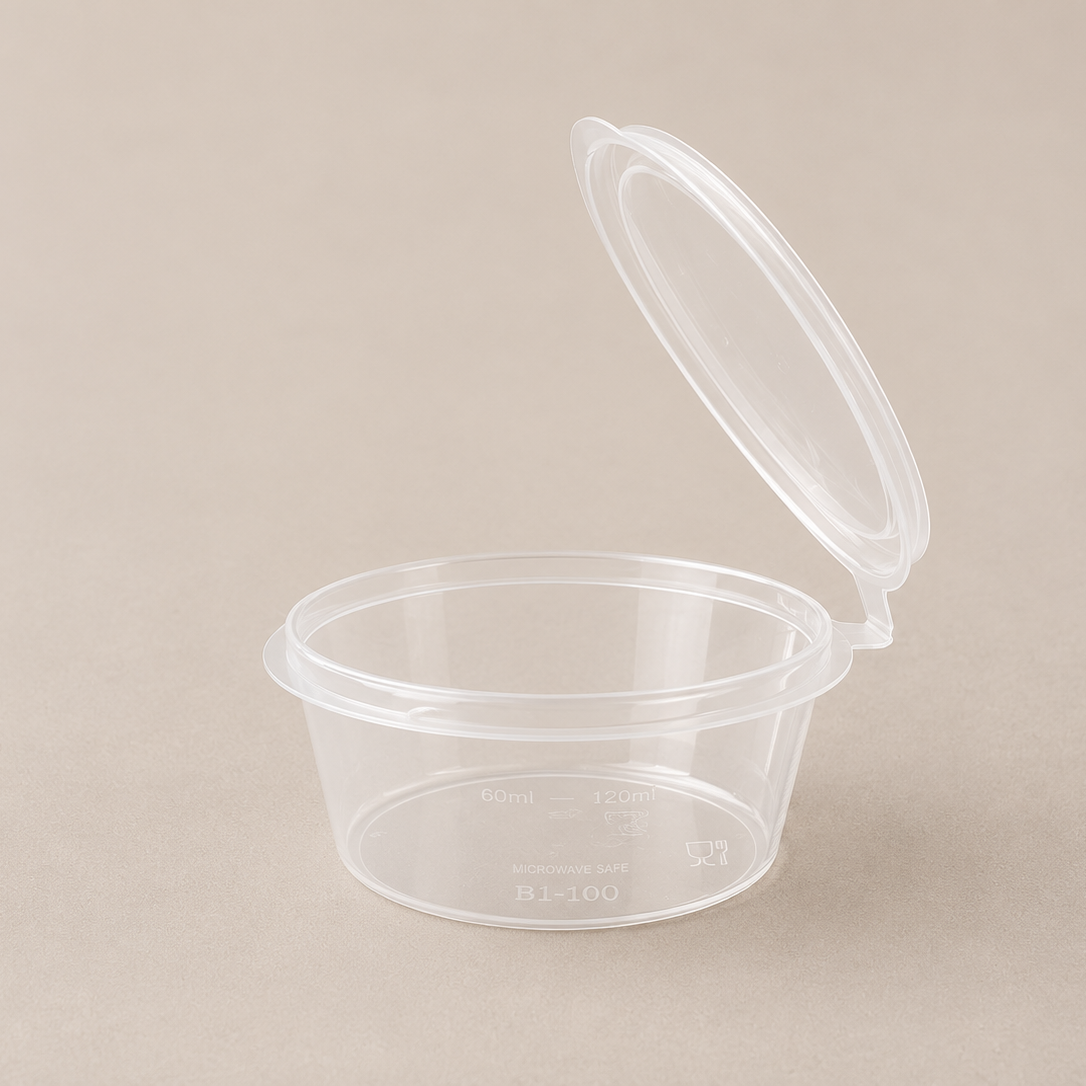 Hinged sauce container with lid open