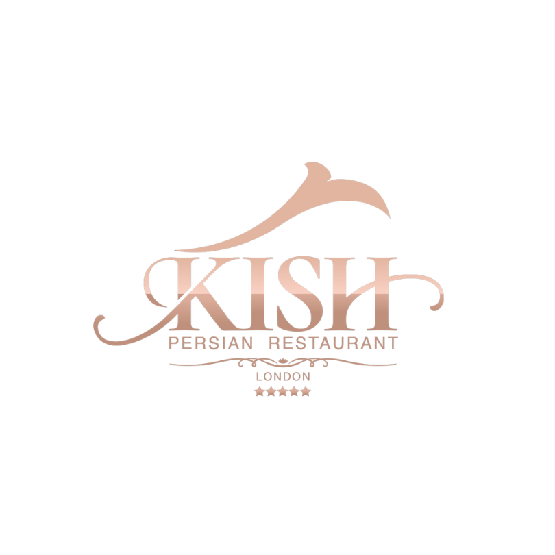 Kish Persian Restaurant London logo featuring elegant rose-gold typography with decorative Persian-inspired detailing.
