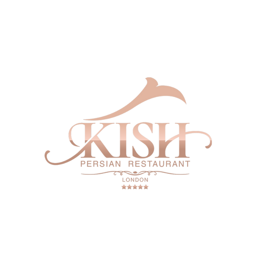 Kish Persian Restaurant London logo featuring elegant rose-gold typography with decorative Persian-inspired detailing.