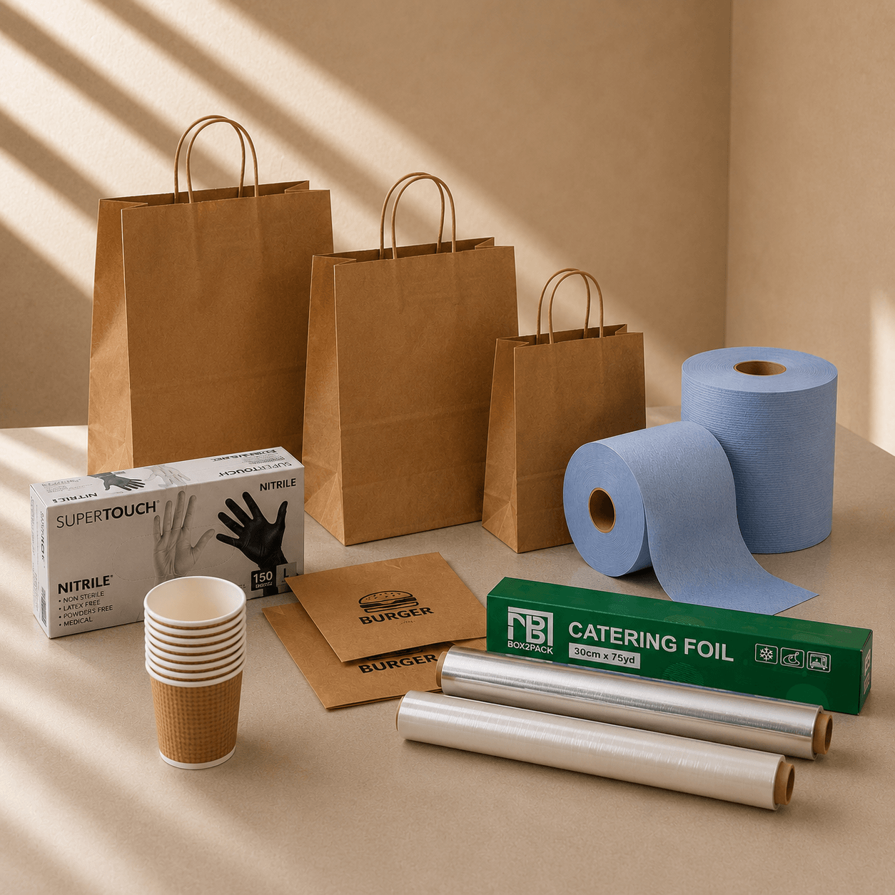Kraft paper bags, blue rolls, nitrile gloves, burger bags, paper cups, aluminium foil and cling film catering supplies.