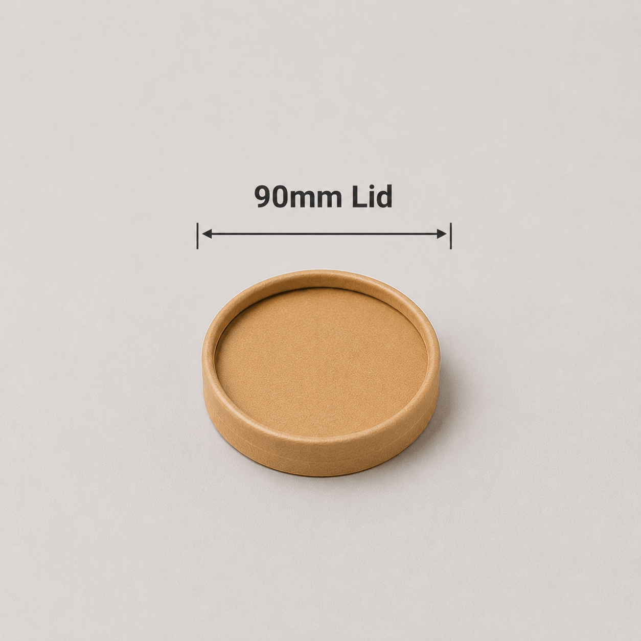 A round kraft paper lid shown on a light gray background with a measurement label above it reading '90mm Lid' and a double-arrow indicator.