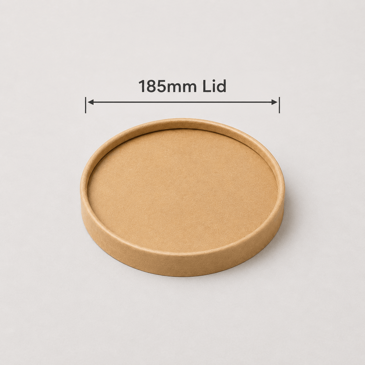 A round kraft paper box lid shown on a light gray background with a dimension label above reading 185mm Lid.