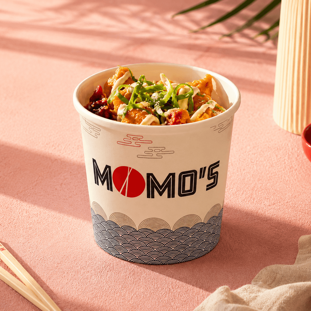 Momo’s branded takeaway food container filled with an Asian-inspired dish, presented in a warm restaurant setting.