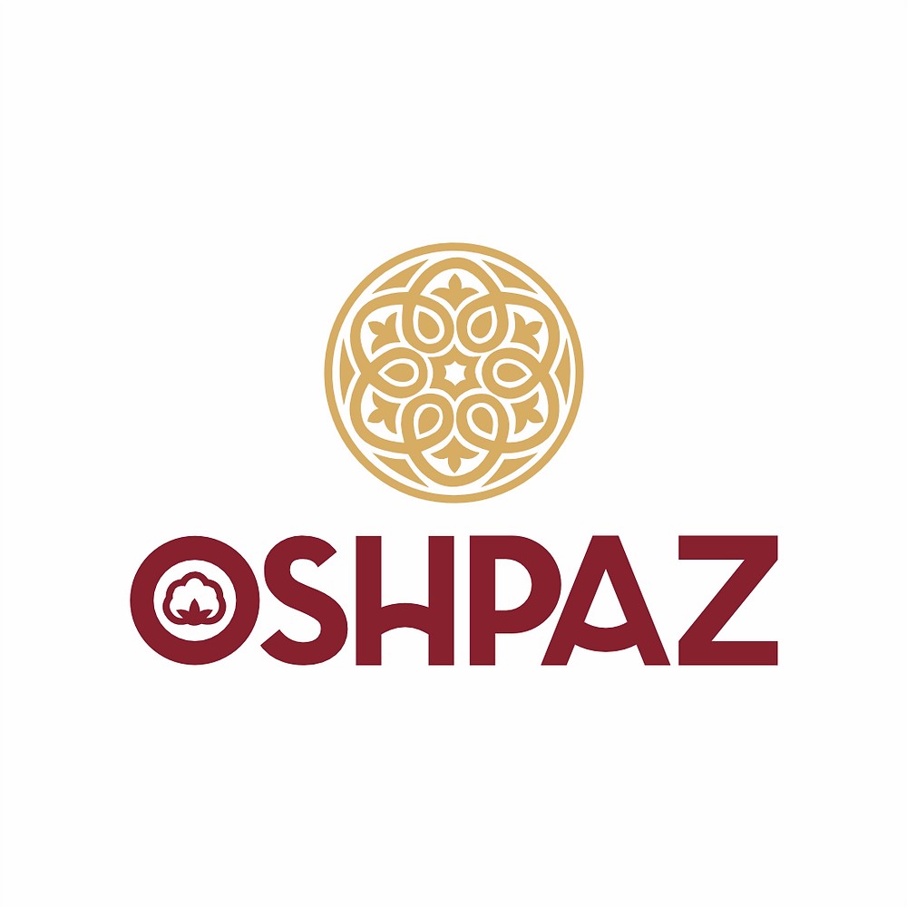 Ozbak restaurant logo featuring burgundy typography and an ornate gold Central Asian-inspired floral emblem.