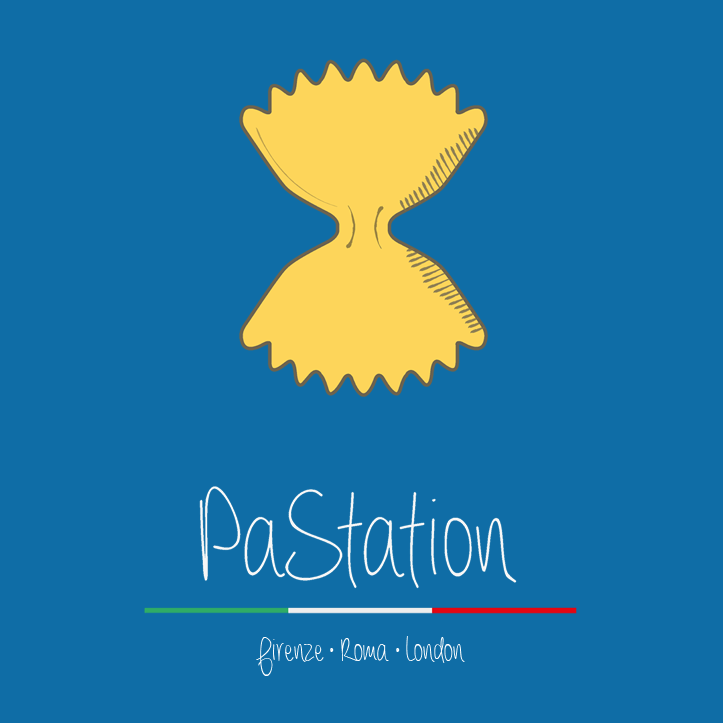 PaStation Italian pasta restaurant logo featuring a yellow farfalle pasta illustration on a blue background.