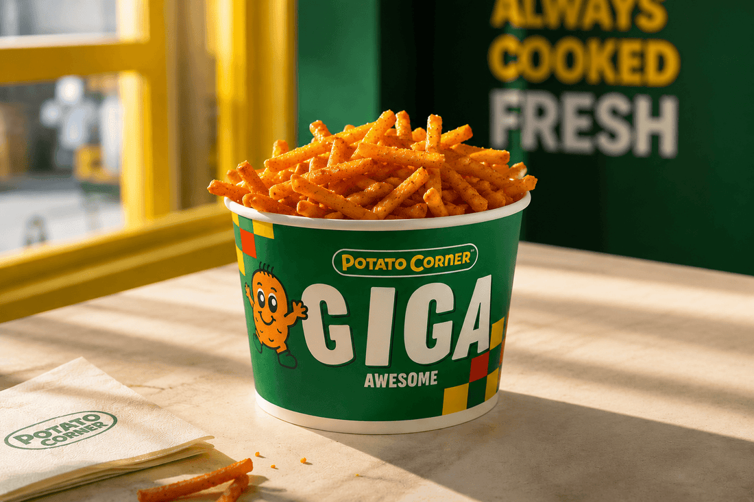 Potato Corner branded green takeaway food container filled with seasoned fries.