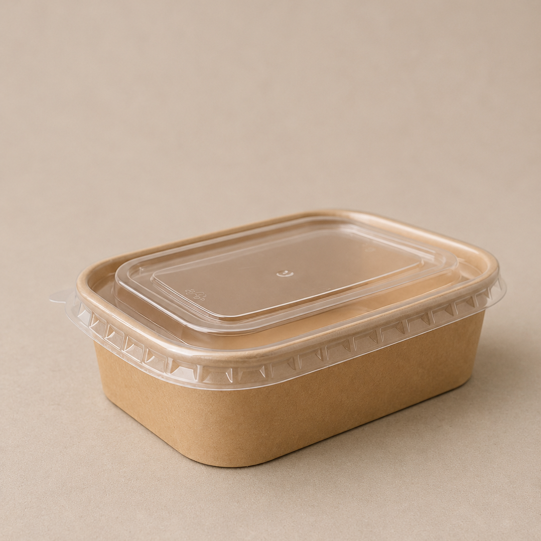 A rectangular brown kraft paper food container with a clear plastic lid, photographed on a plain beige background.