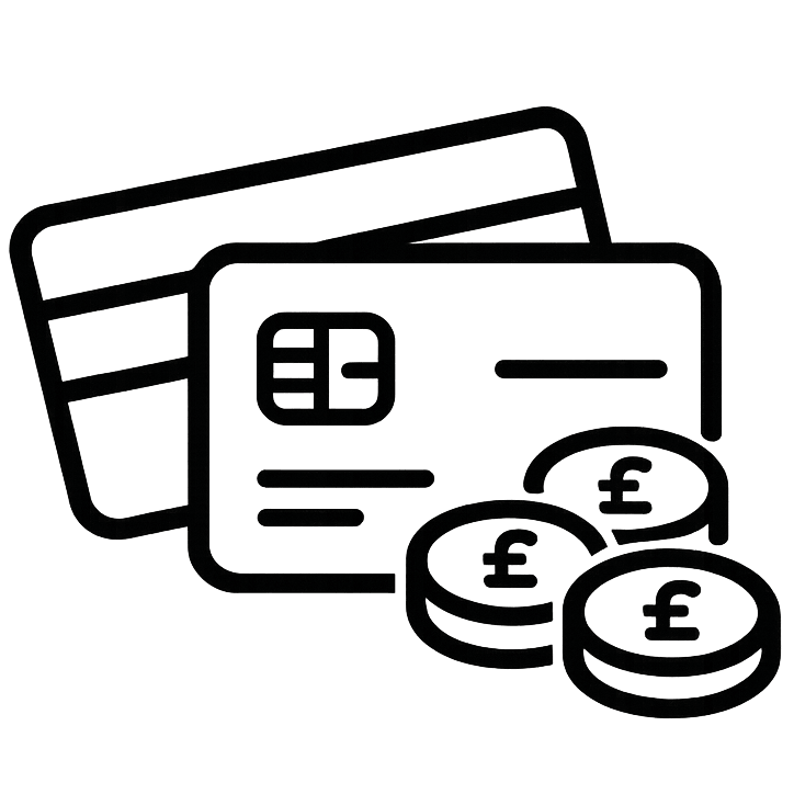 Minimalist secure payment icon featuring credit cards and pound sterling coins.