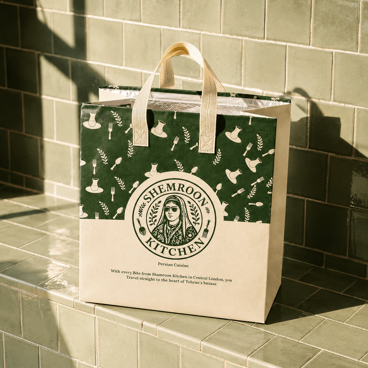 Shemroon Kitchen branded insulated takeaway bag featuring Persian-inspired green artwork and cream fabric handles.