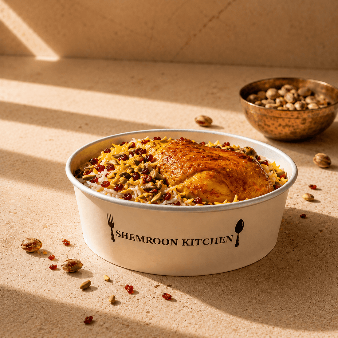 Shemroon Kitchen branded takeaway container filled with Persian saffron rice, barberries, pistachios and chicken.