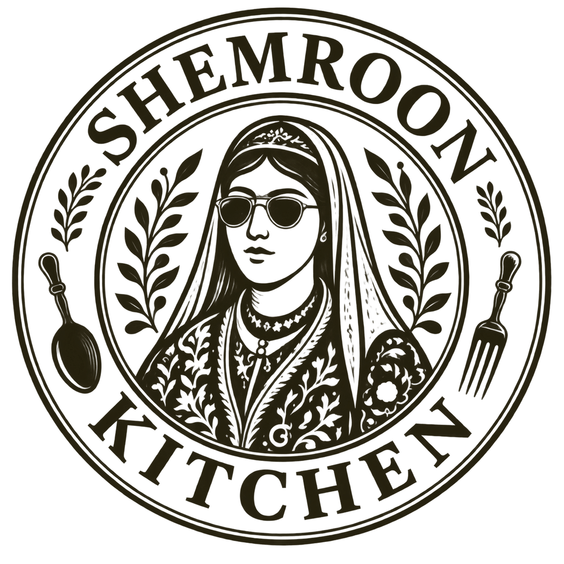 Shemroon Kitchen circular logo featuring an illustrated woman wearing sunglasses, botanical details and cutlery