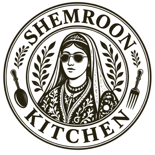 Shemroon Kitchen circular logo featuring an illustrated woman wearing sunglasses, botanical details and cutlery