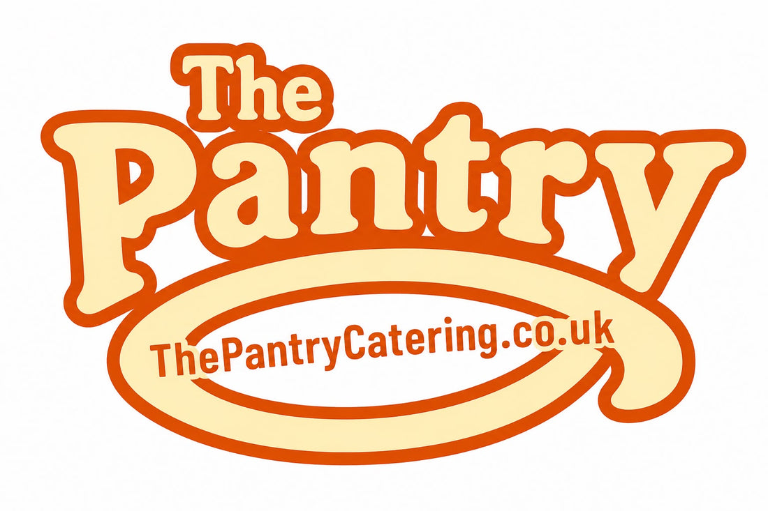 The Pantry Catering logo in orange and cream featuring ThePantryCatering.co.uk branding.