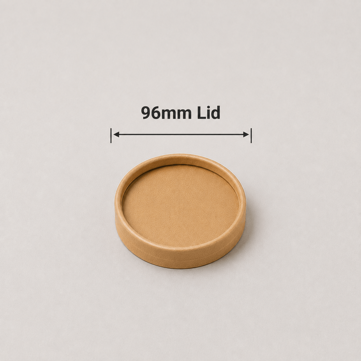A round kraft paper tray lid shown on a light gray background with a dimension label reading '96mm Lid' above it.