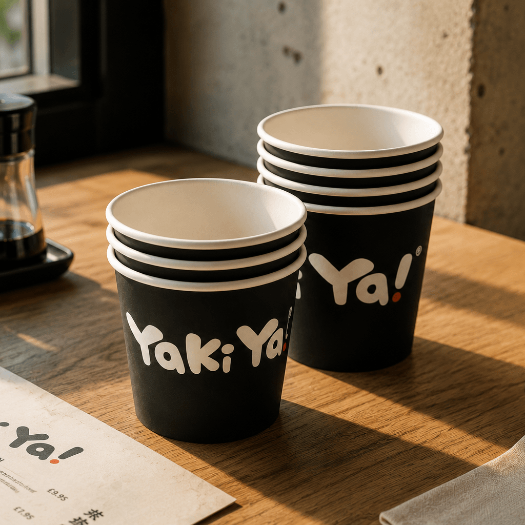 Yaki Ya branded black takeaway paper cups stacked on a wooden counter in a warm restaurant setting.